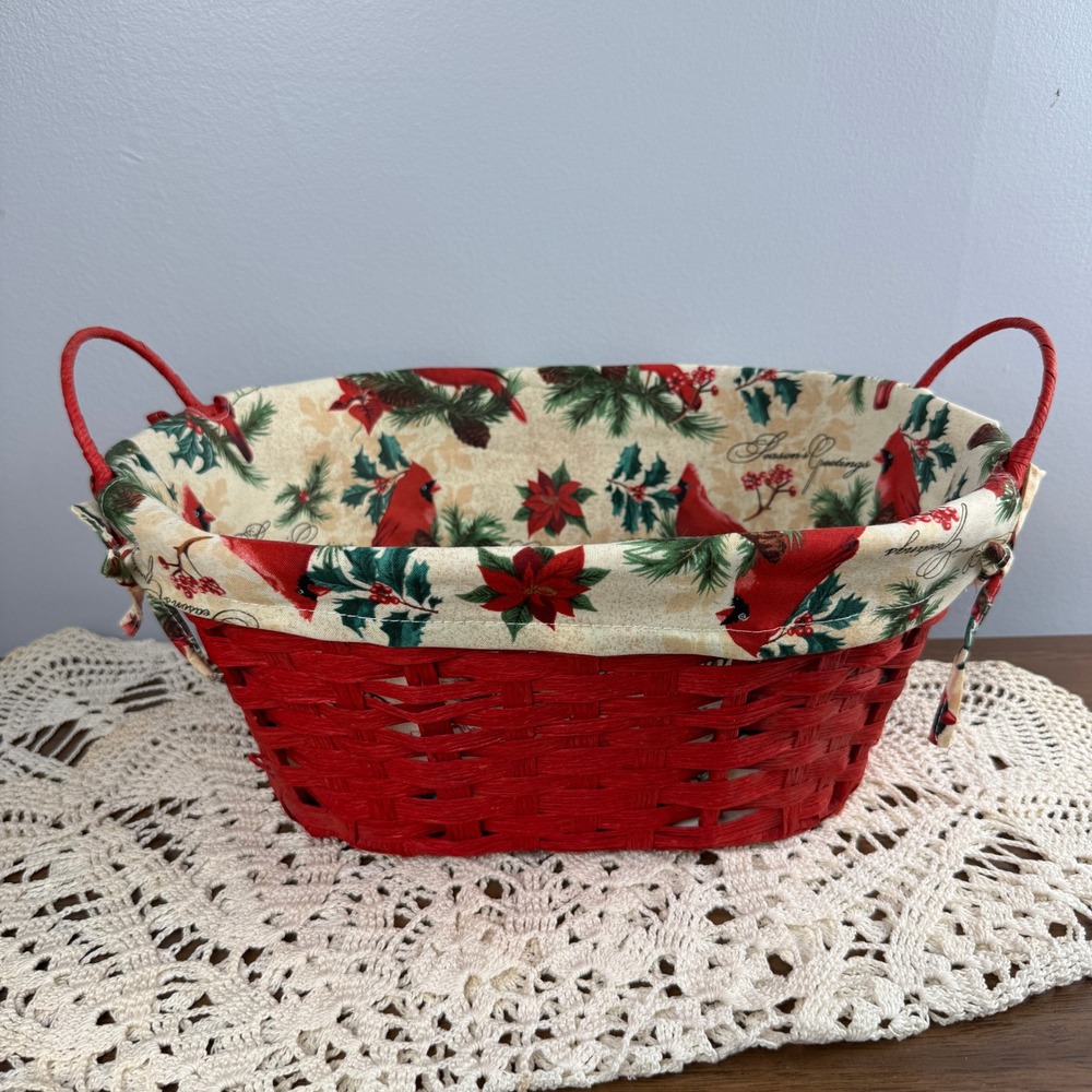 Red Oval Wicker Christmas Farmhouse Basket Cardinal Poinsettia Liner Holiday